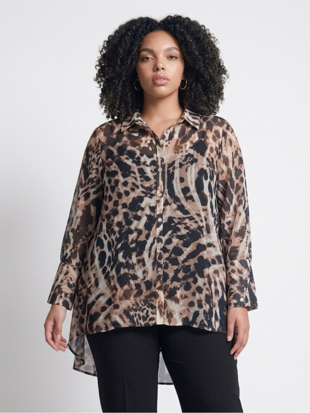 MarlaWynne Black and Brown Animal Print Sheer Button-Down High-Low Blouse
